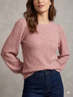 Sequin Bouclé Puff-Sleeve Sweater - Dusty Rose
